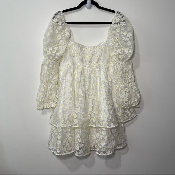 Storia Women's white sheer puff sleeve all over daisy baby doll mini dress in L - Picture 8 of 9